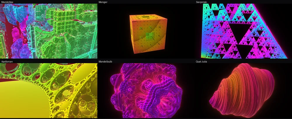 Six raymarched fractal scenes side by side: Mandelbox, Menger sponge, Sierpinski, Apollonian, Mandelbulb and a quaternion Julia set