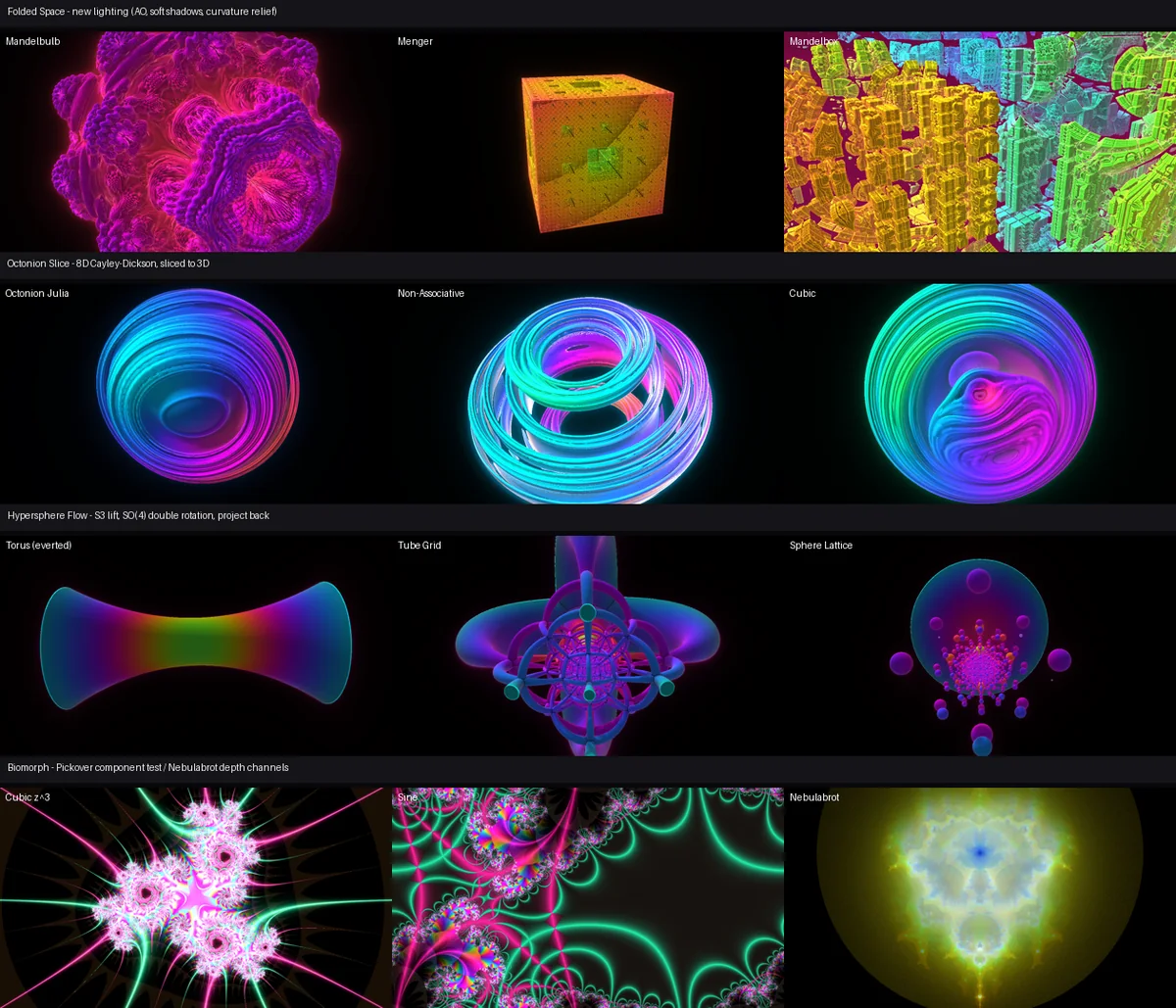 Twelve different Resonance scenes in a labelled grid, from a Mandelbulb and a Menger sponge to Octonion Julia sets, a torus knot and a sphere lattice